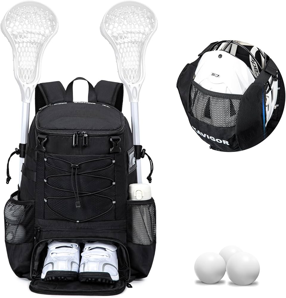KAVIGOR Lacrosse Bag for Kids and Youth, Lacrosse Backpack with Helmet Holder and Shoes Compartment, Waterproof Field Hockey Gears Bag for Boys & Girls