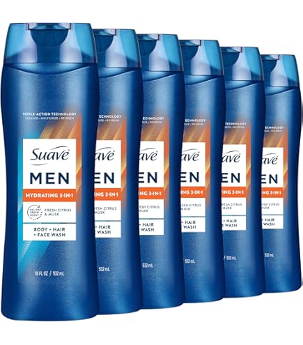 Suave Men Hydrating 3-in-1 Body + Hair + Face Wash with Glycerin & Vitamin E, Cleanse, Moisturize, Refresh, No Parabens or Pthalatates, Long-Lasting Fragrance, 18 FL OZ, 6 Count