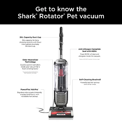Shark ZU102 Rotator Pet Upright Vacuum with PowerFins HairPro & Odor Neutralizer Technology, Charcoal, 2.9 L Dust Cup
