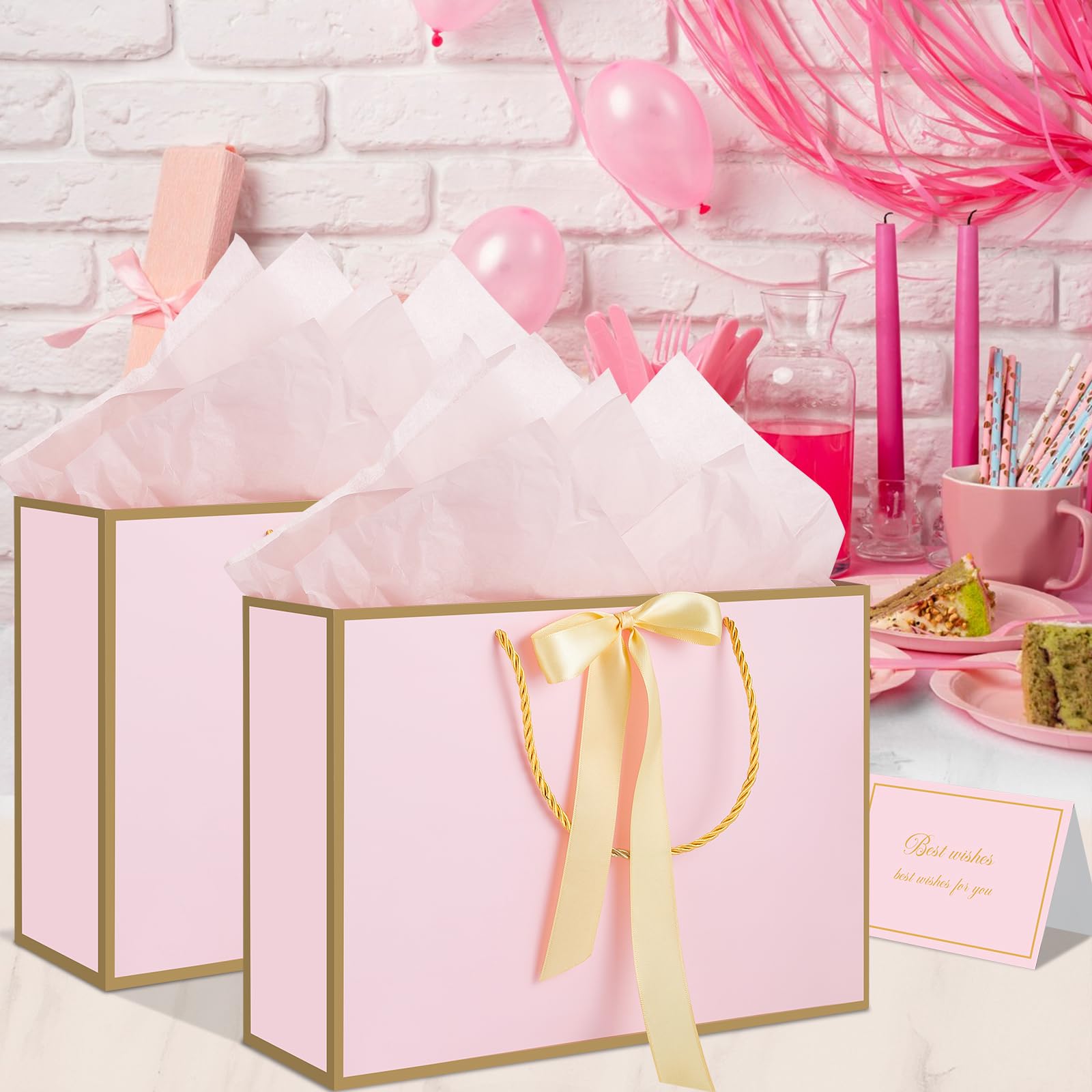 woric Pink Gift Bags with Handles, 14" Medium Gift Bags with Tissue Paper, 2 Pcs Pink Bags with 4 Tissue Paper and 2 Cards for Baby Shower Wedding Bridal Shower Mother's Day Birthday Party