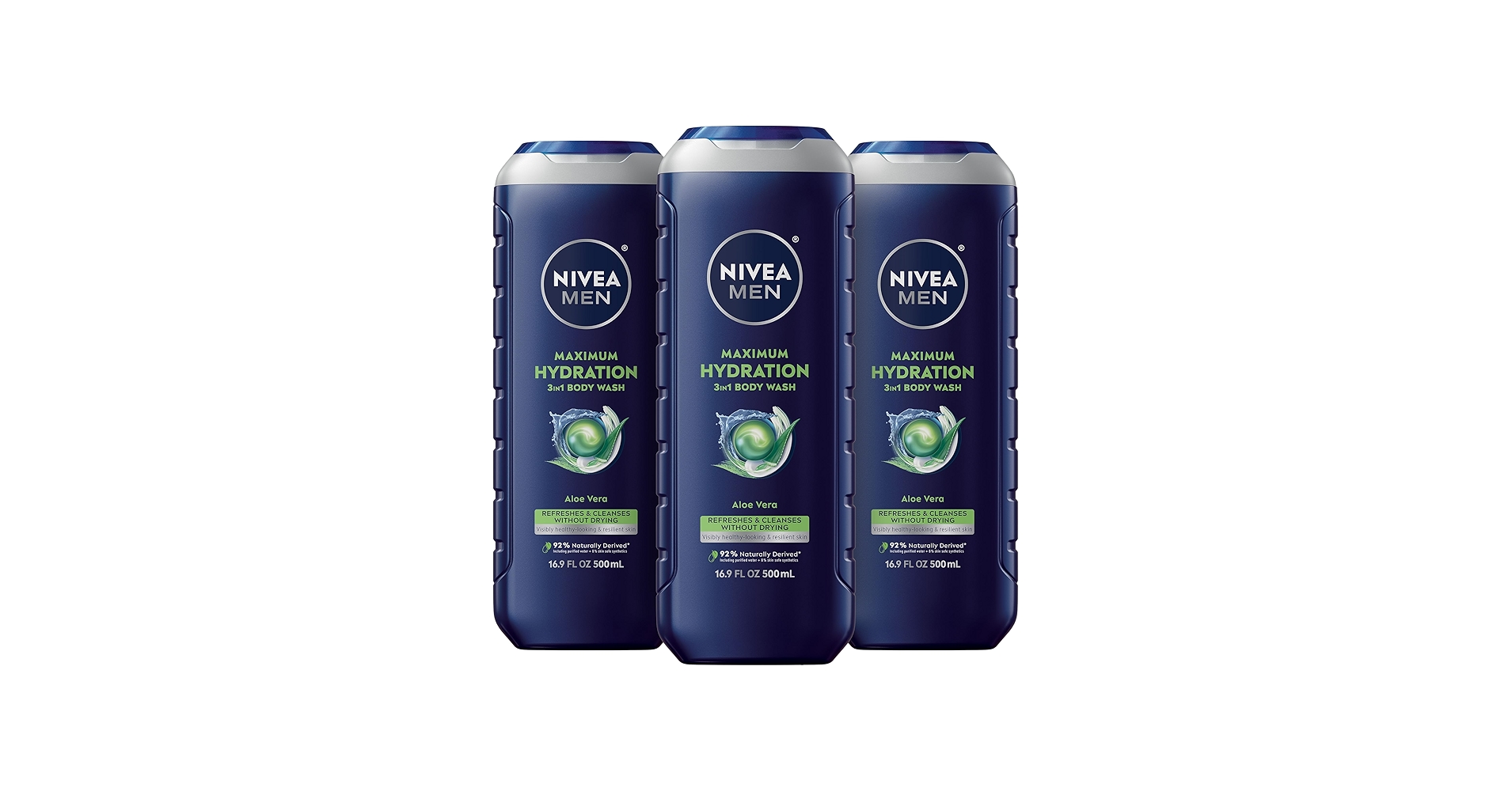 NIVEA MEN Maximum Hydration Body Wash for Dry Skin, Aloe Vera Enriched, 3-in-1 Moisturizing Body Wash, Face and Hair, Paraben Free, Vegan Formula, 16.9 Fl Oz Bottle, Pack of 3