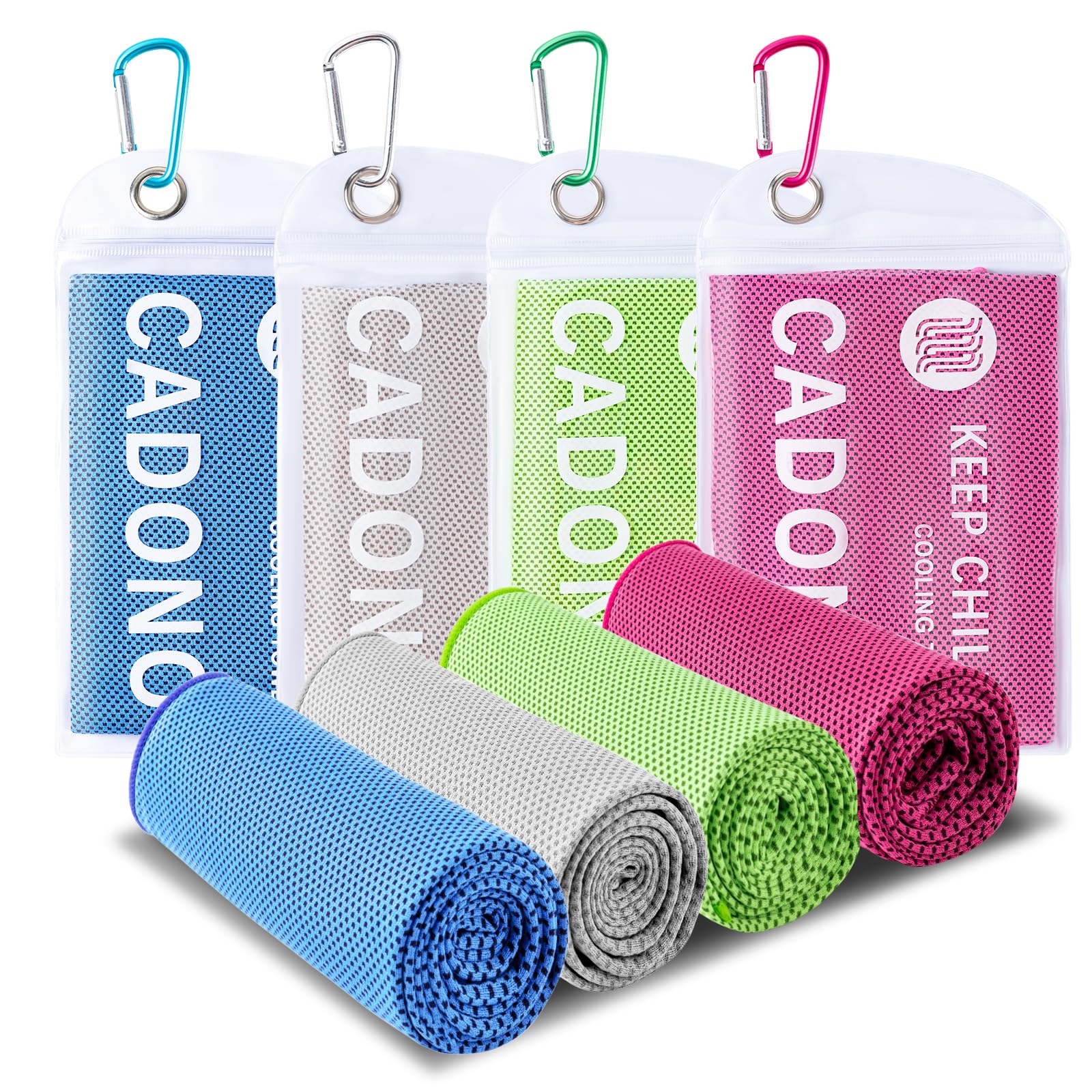 CADONO 4 Pack Cooling Towel (40"x12"), Soft Breathable Chilly Towel, Ice Towel, Microfiber Towel for Yoga, Sport, Running, Workout,Gym, Camping, Fitness, Workout & More Activities(Multicolor)