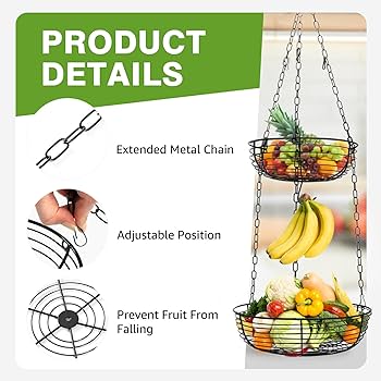 HULISEN 3 Tier Hanging Fruit Basket with Banana Hook, 36-Inch Heavy-Duty Wire Hanging Baskets for Kitchen Storage, Vegetable Produce Organizer (Including Installation Bracket)