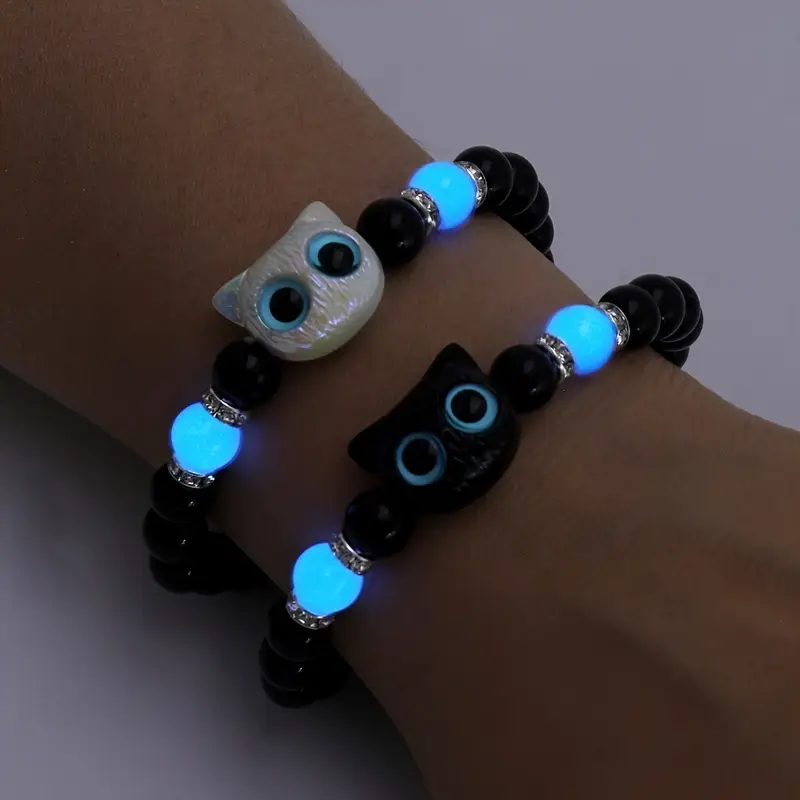 1Pcs Matching Bracelets for Couples Luminous Cute Cat Friendship Bracelete Black White Cat Head Bangles Glow In The Dark Gift