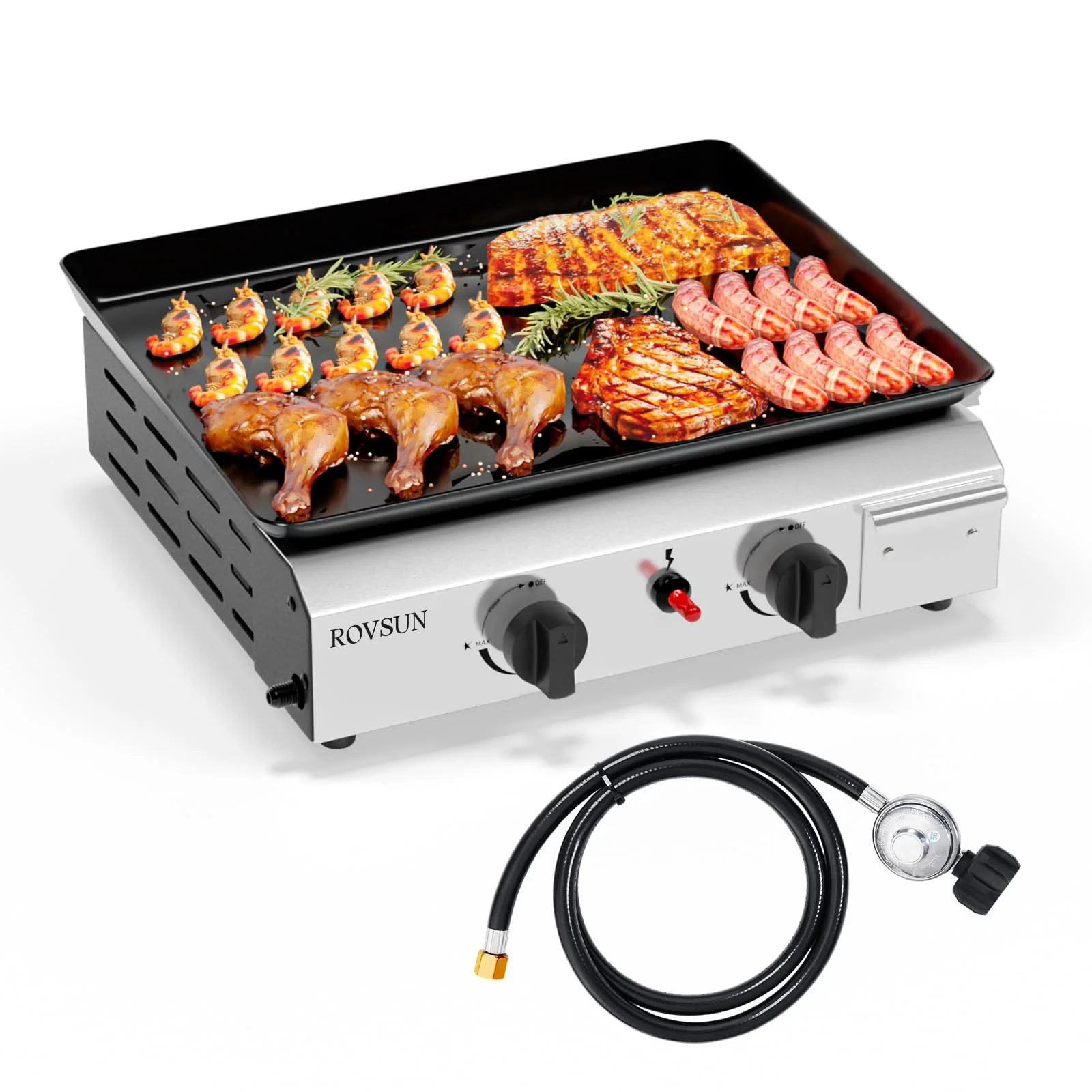ROVSUN 4 Burner Portable Propane Griddle with Electronic Ignition, 40000 BTU Rolling Flat Top Gas Grill with Nonstick Enameled Tray, Side Shelves & Regulator for Outdoor Cooking Camping BBQ Tailgating